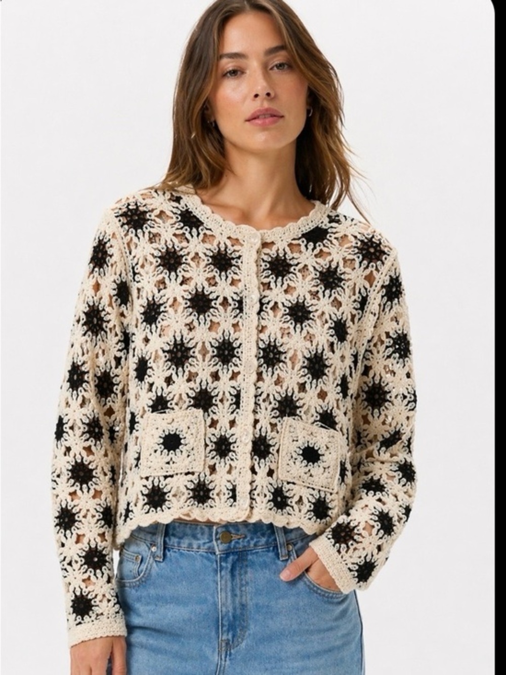 NWT Walter Baker Brooke Crochet Cardigan Cream Black Floral Open Knit L
